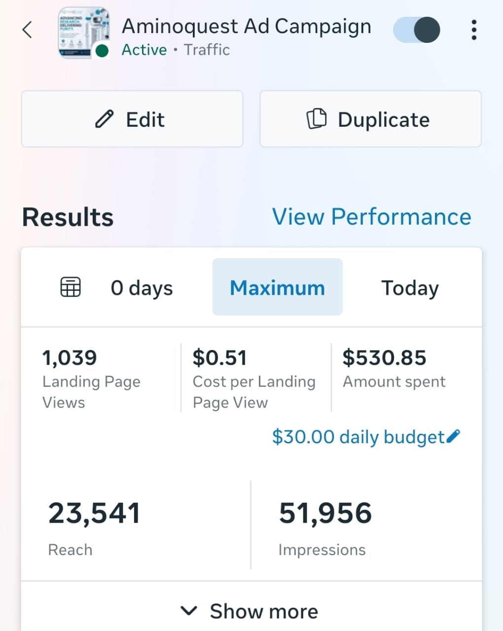 Aminoquest — Traffic Campaign — Meta Ads campaign results